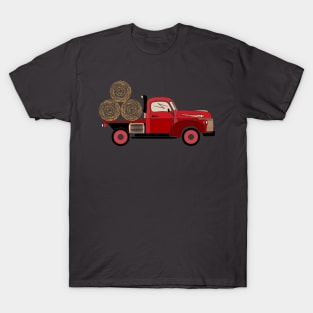old red farm truck loading hay rolls T-Shirt